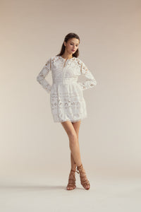 Embroidered Linen Mini Dress in White