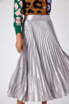 Pleated Tinsel Midi Skirt in Silver