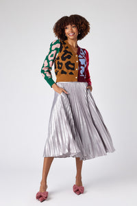 Pleated Tinsel Midi Skirt in Silver