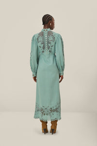 Nature Embroidered Midi Dress in Serene Blue