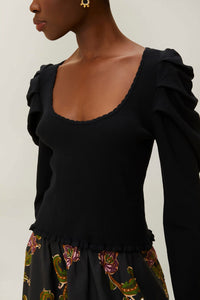 U-shaped Neck Puff Sleeve Knit Top in Black