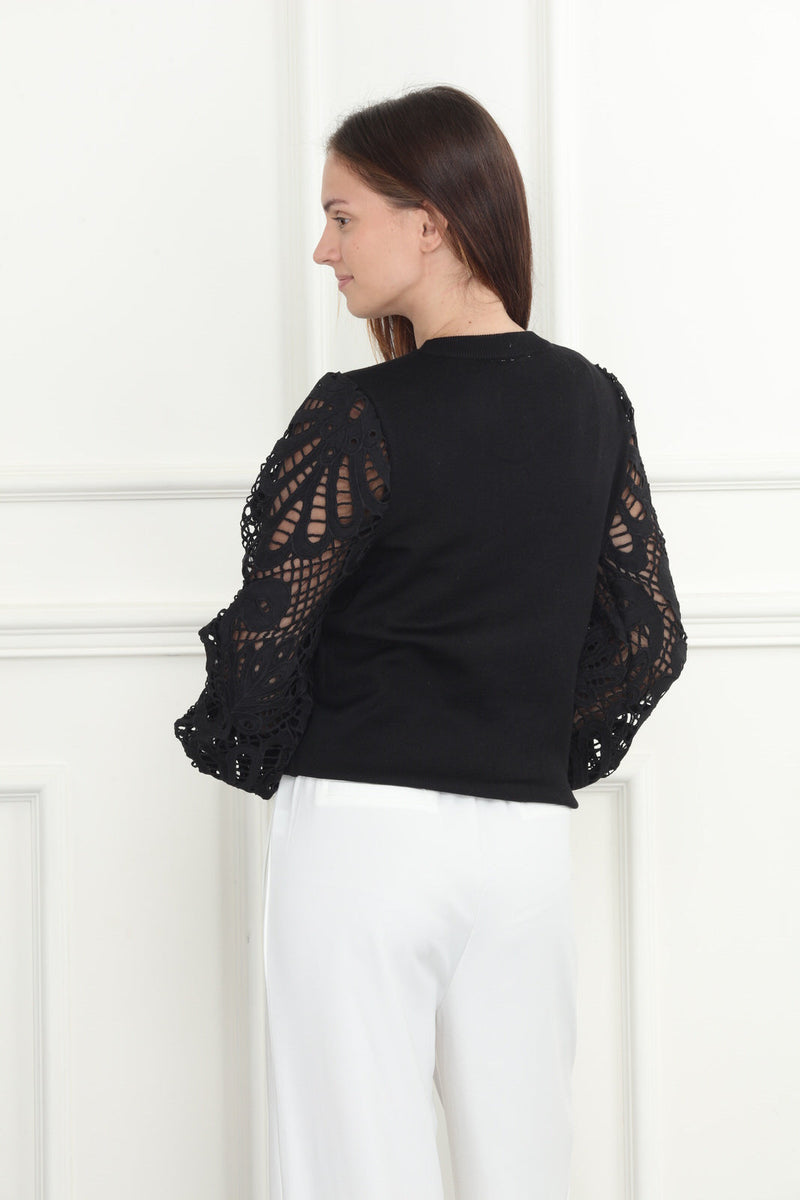 Lace Balloon Sleeves Sweater in Black