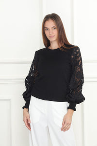 Lace Balloon Sleeves Sweater in Black