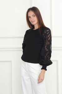 Lace Balloon Sleeves Sweater in Black