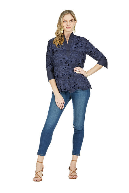 Floral Eyelet Tunic Top in Navy