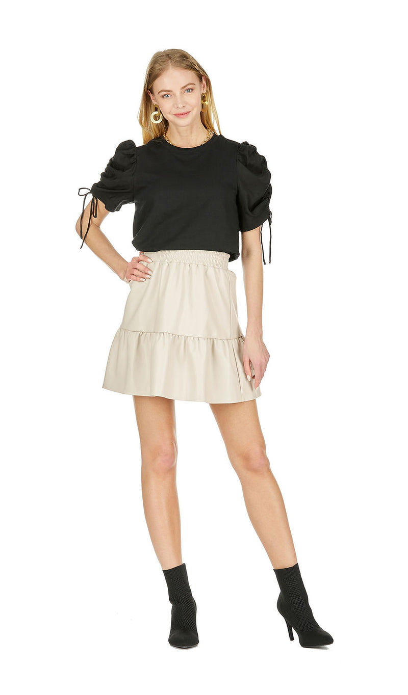 Faux Leather Ruffle Hem Skirt in Bone