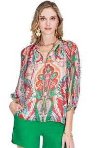 Paisley Printed Peasant Top in Boho Tan