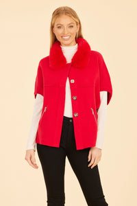 Faux Fur Collar Knit Cardigan in Red