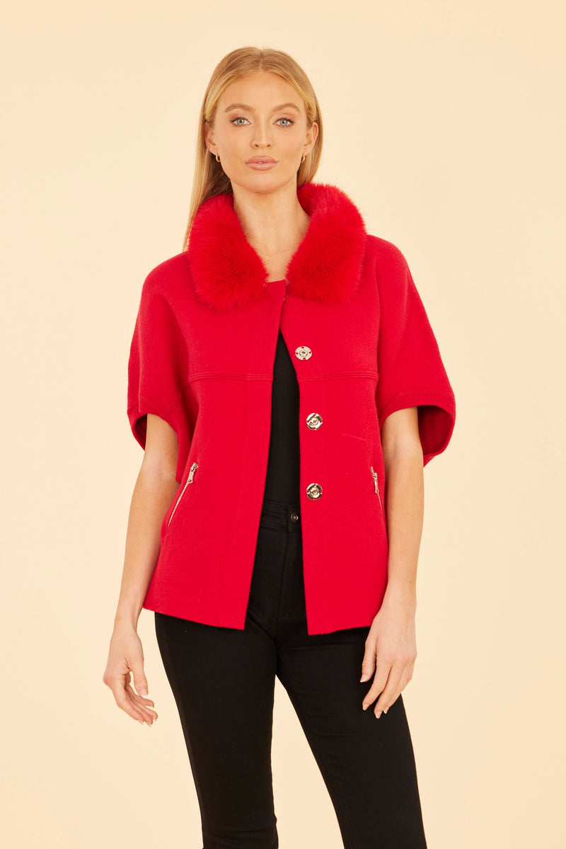 Faux Fur Collar Knit Cardigan in Red