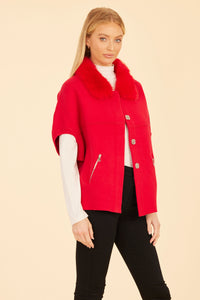 Faux Fur Collar Knit Cardigan in Red