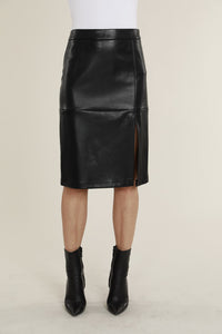 Vegan Leather Pencil Skirt with Slit in Black