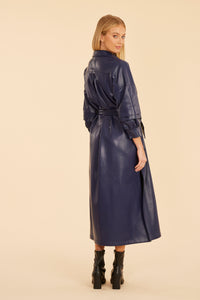 Vegan Leather Puff Sleeve Maxi Dress in Navy