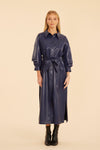 Vegan Leather Puff Sleeve Maxi Dress in Navy