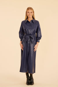 Vegan Leather Puff Sleeve Maxi Dress in Navy