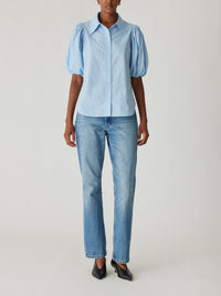 Puff Sleeve Button Down Shirt in French Blue