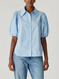 Puff Sleeve Button Down Shirt in French Blue