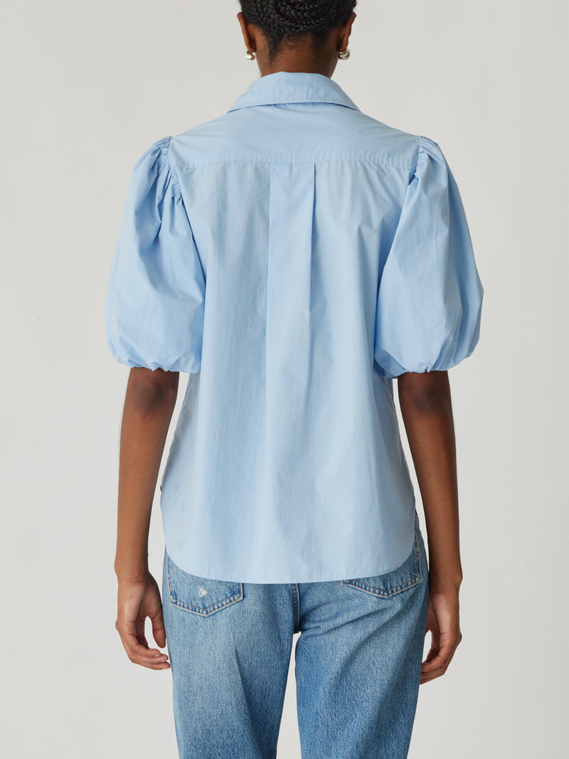 Puff Sleeve Button Down Shirt in French Blue