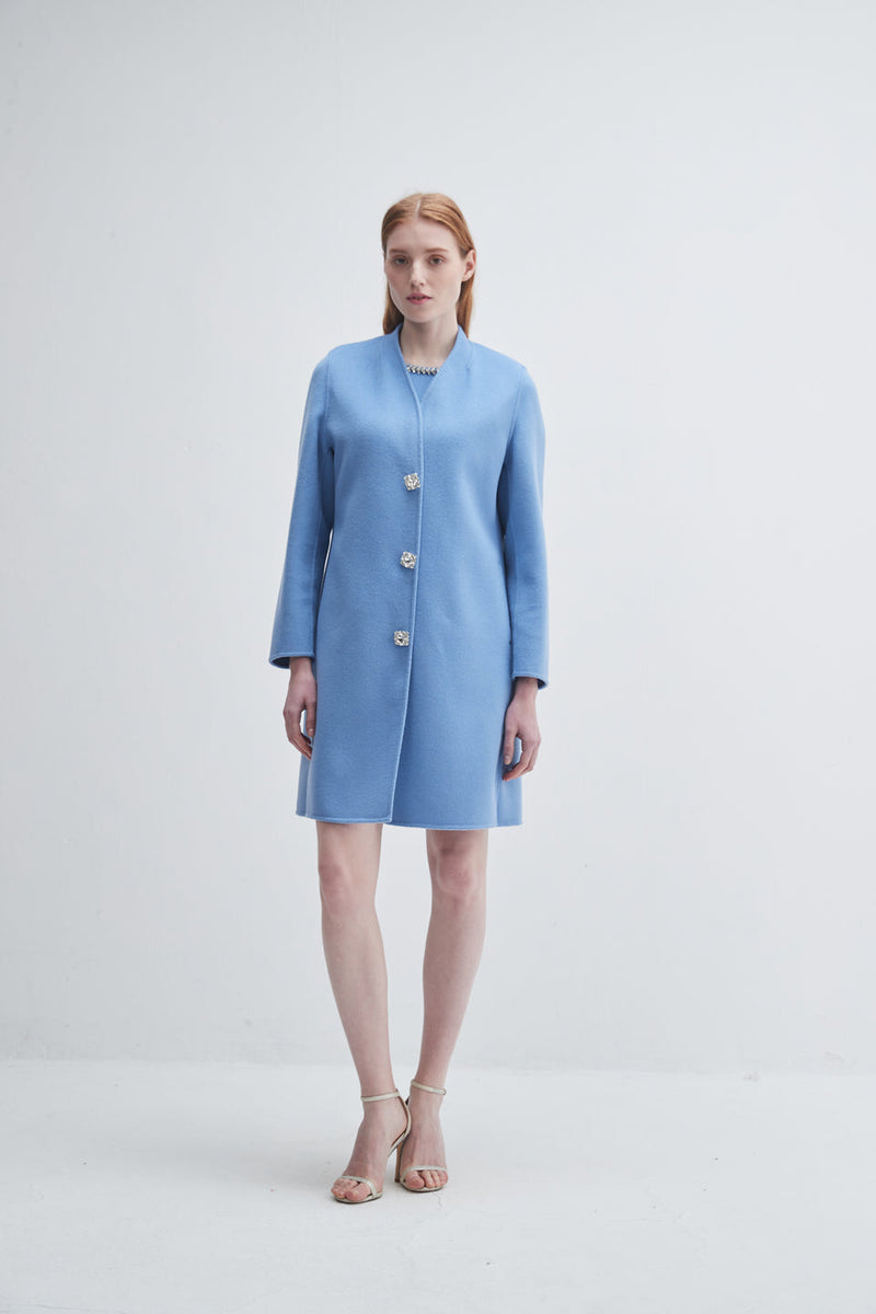 Crystal Button Lady Coat in Blue