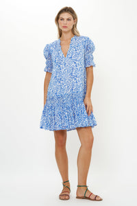 Smocked Dropped Mini Dress in Cypress Blue