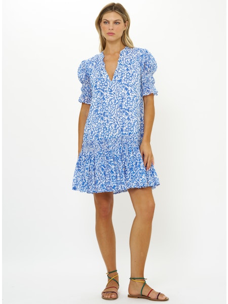 Smocked Dropped Mini Dress in Cypress Blue