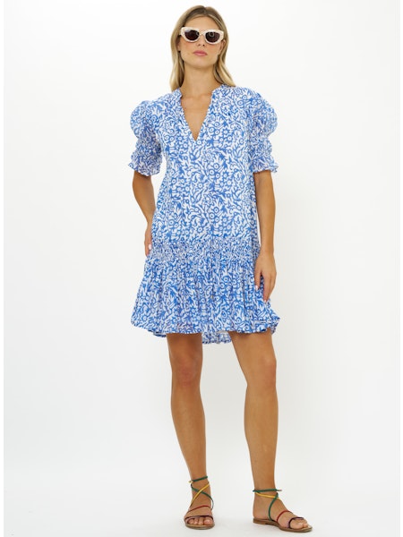 Smocked Dropped Mini Dress in Cypress Blue