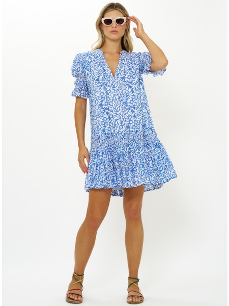 Smocked Dropped Mini Dress in Cypress Blue