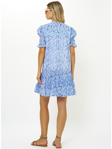 Smocked Dropped Mini Dress in Cypress Blue