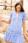 Smocked Dropped Mini Dress in Cypress Blue