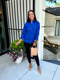 Zoey 3/4 Length Ruched Sleeve Top in Cobalt Blue