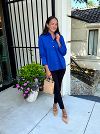 Zoey 3/4 Length Ruched Sleeve Top in Cobalt Blue