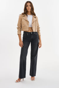 Janika Cropped Leather Biker Jacket in Wheat