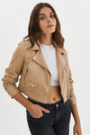 Janika Cropped Leather Biker Jacket in Wheat