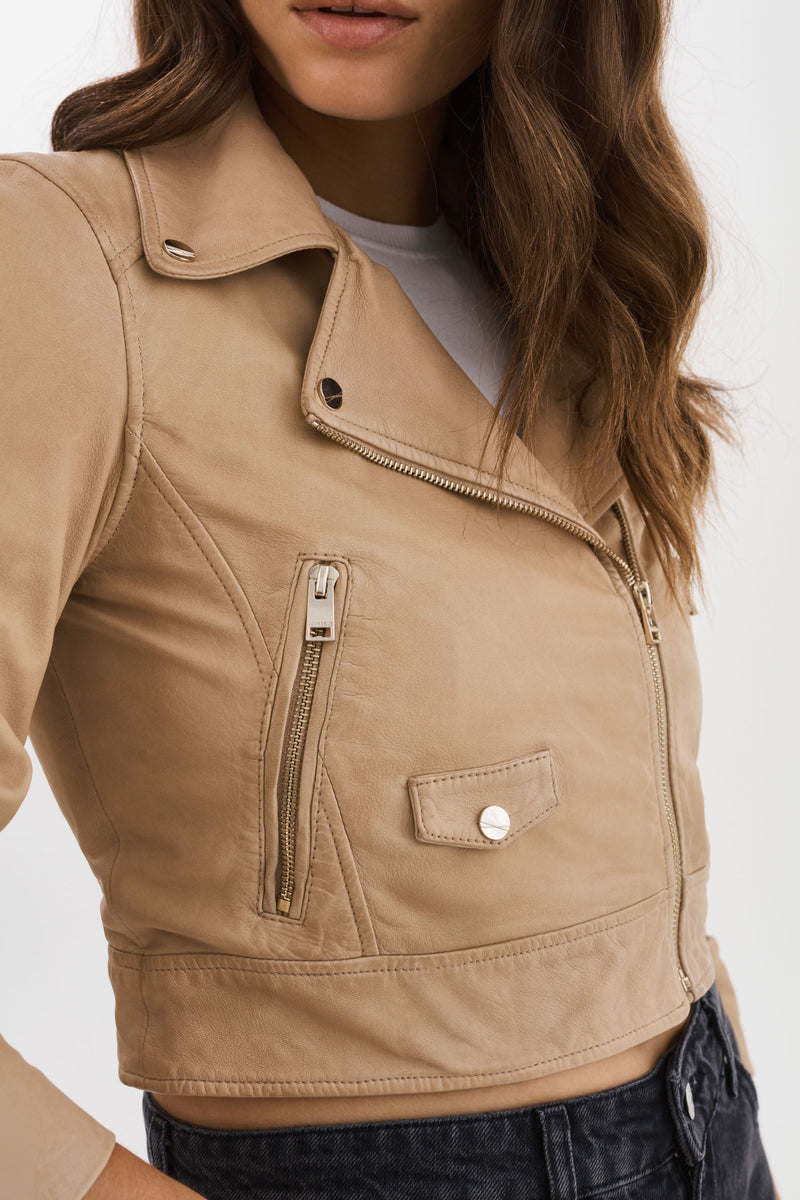 Janika Cropped Leather Biker Jacket in Wheat