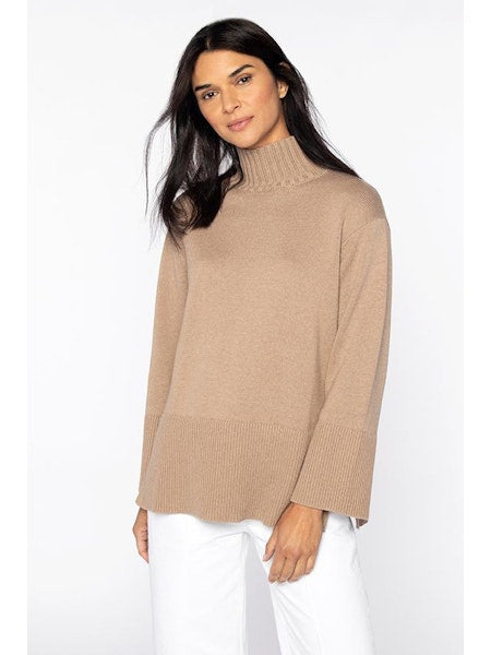 Rib Trim Funnel Neck Sweater in Driftwood