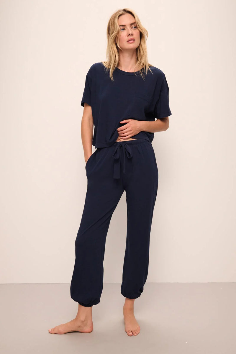 Aloe Infused Tee and Pant Pajama Set in Navy