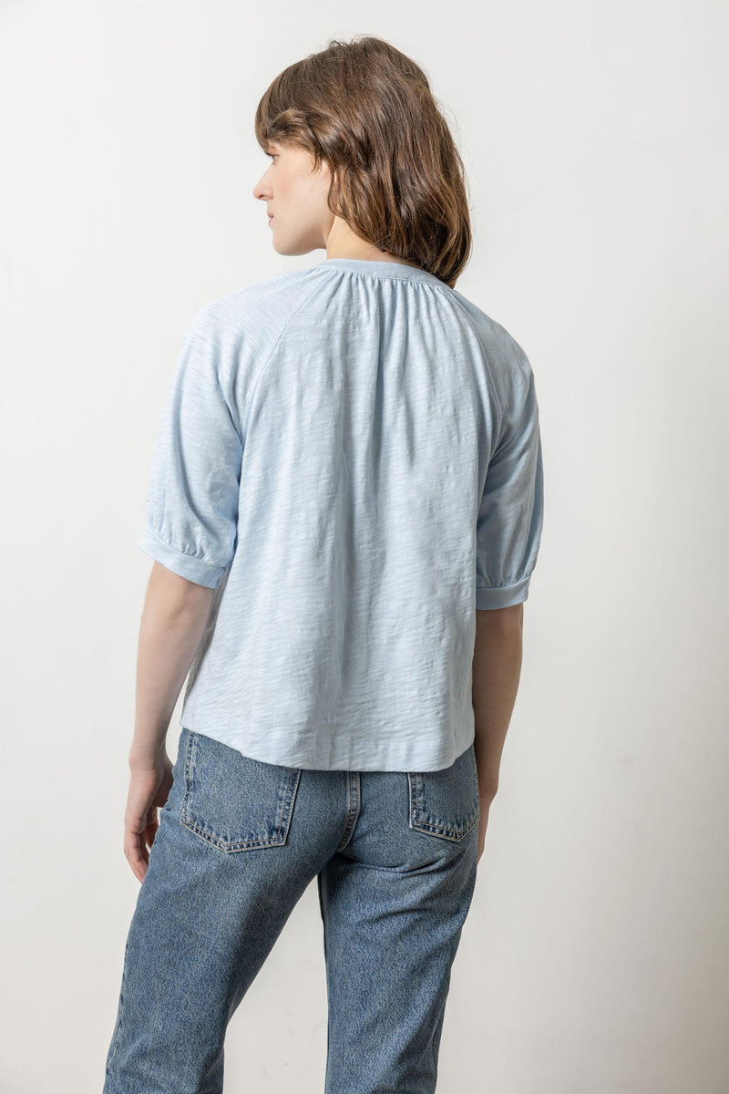 Shirred Split Neck Raglan Top in Glass