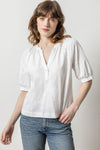 Shirred Split Neck Raglan Top in White