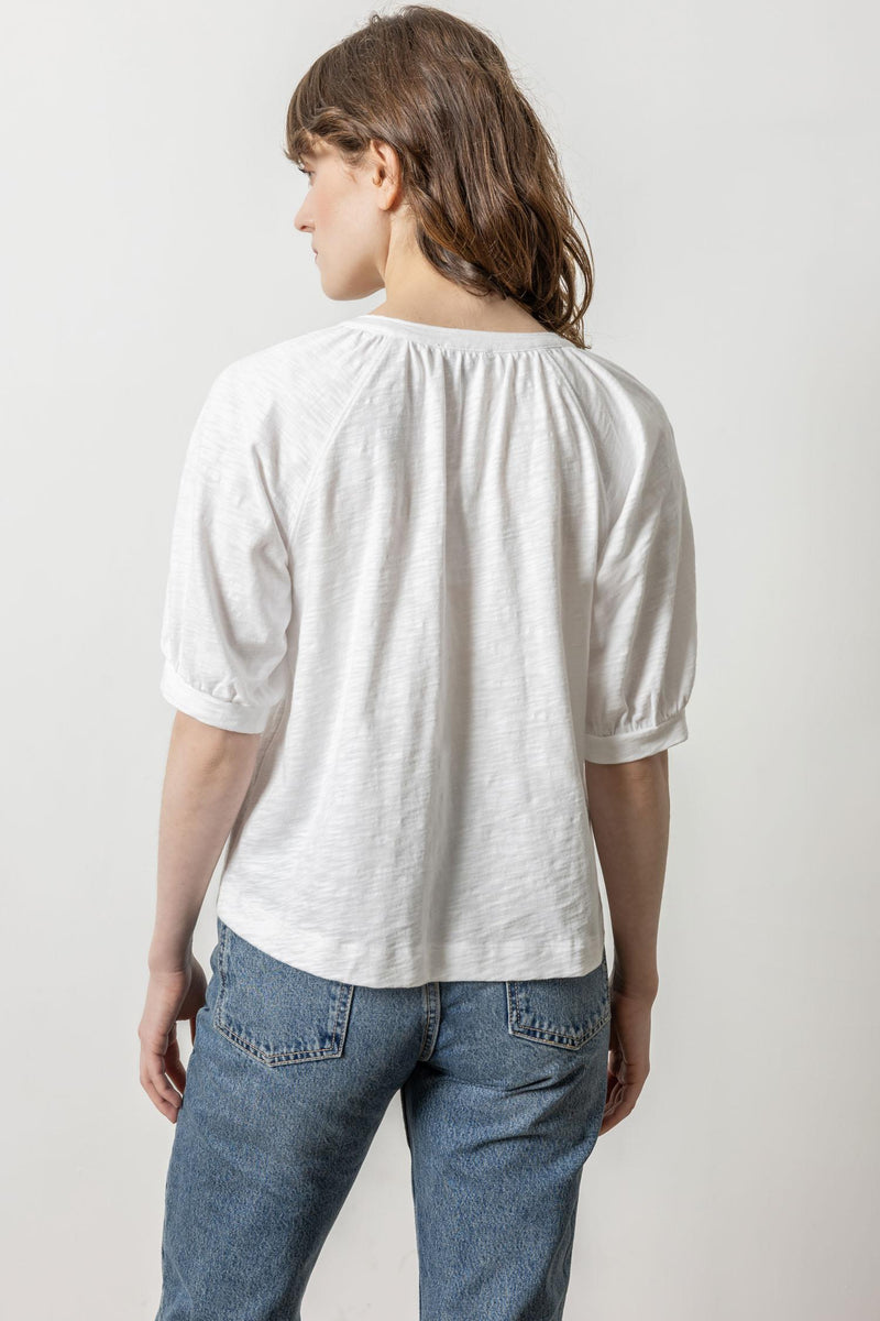 Shirred Split Neck Raglan Top in White