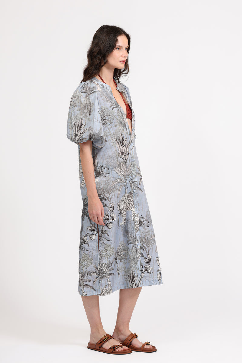 Puff Sleeve Tunic Dress in Tropqiue Light Blue