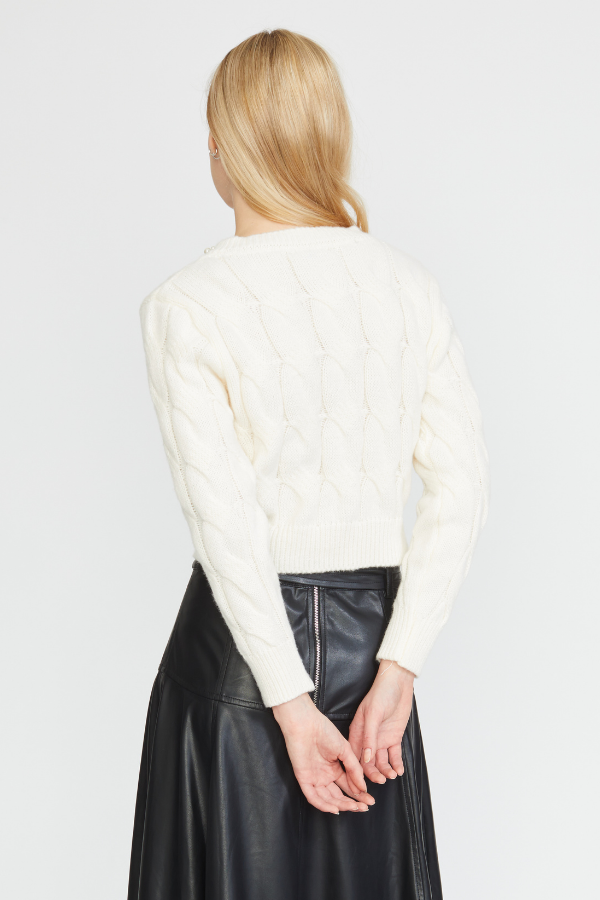 Pearl Trim Cable Knit Cardigan in Cream