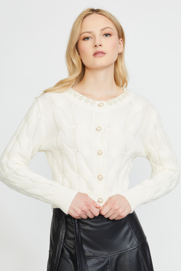 Pearl Trim Cable Knit Cardigan in Cream