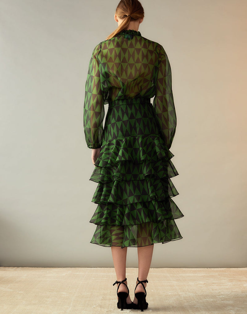 Evergreen Silk Organza Shirt in Black/Green