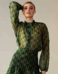 Evergreen Silk Organza Shirt in Black/Green